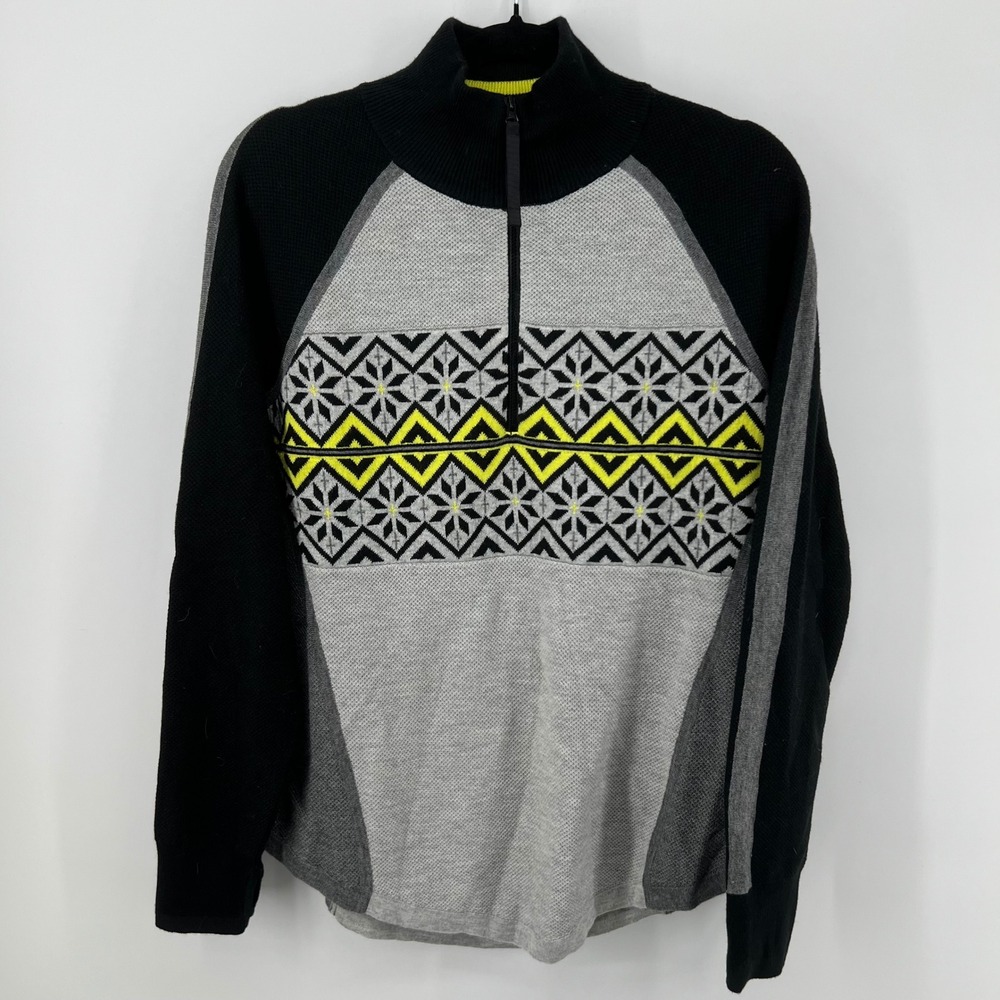 LL Bean‎ Quarter Zip Fair Isle Pullover Honeycomb Sweater Black Grey Neon Medium